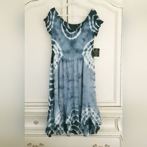 Mlle Gabrielle Blue Tie Dye Smocked Top Ruffle Hem Midi Dress Womens 2X NWT